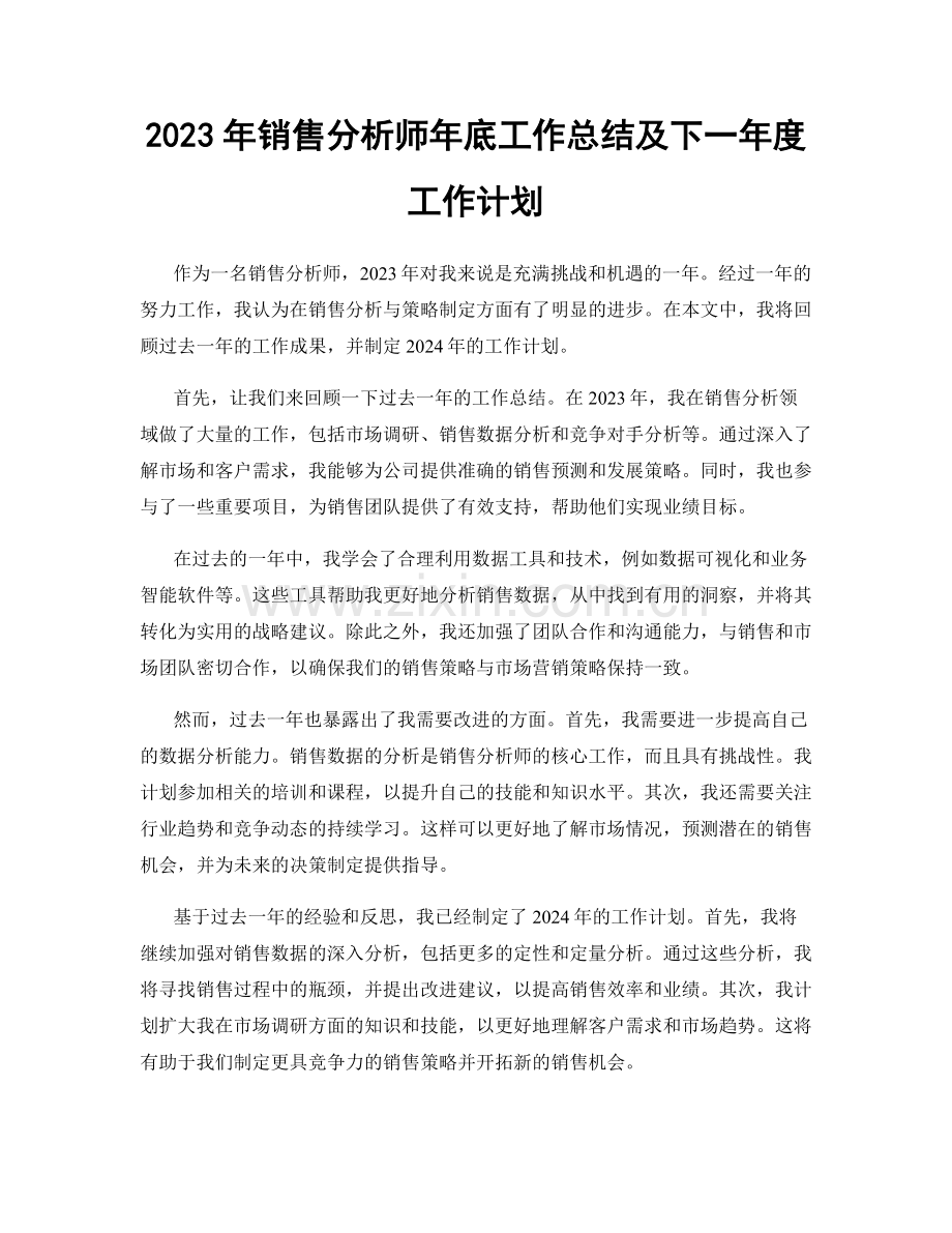 2023年销售分析师年底工作总结及下一年度工作计划.docx_第1页