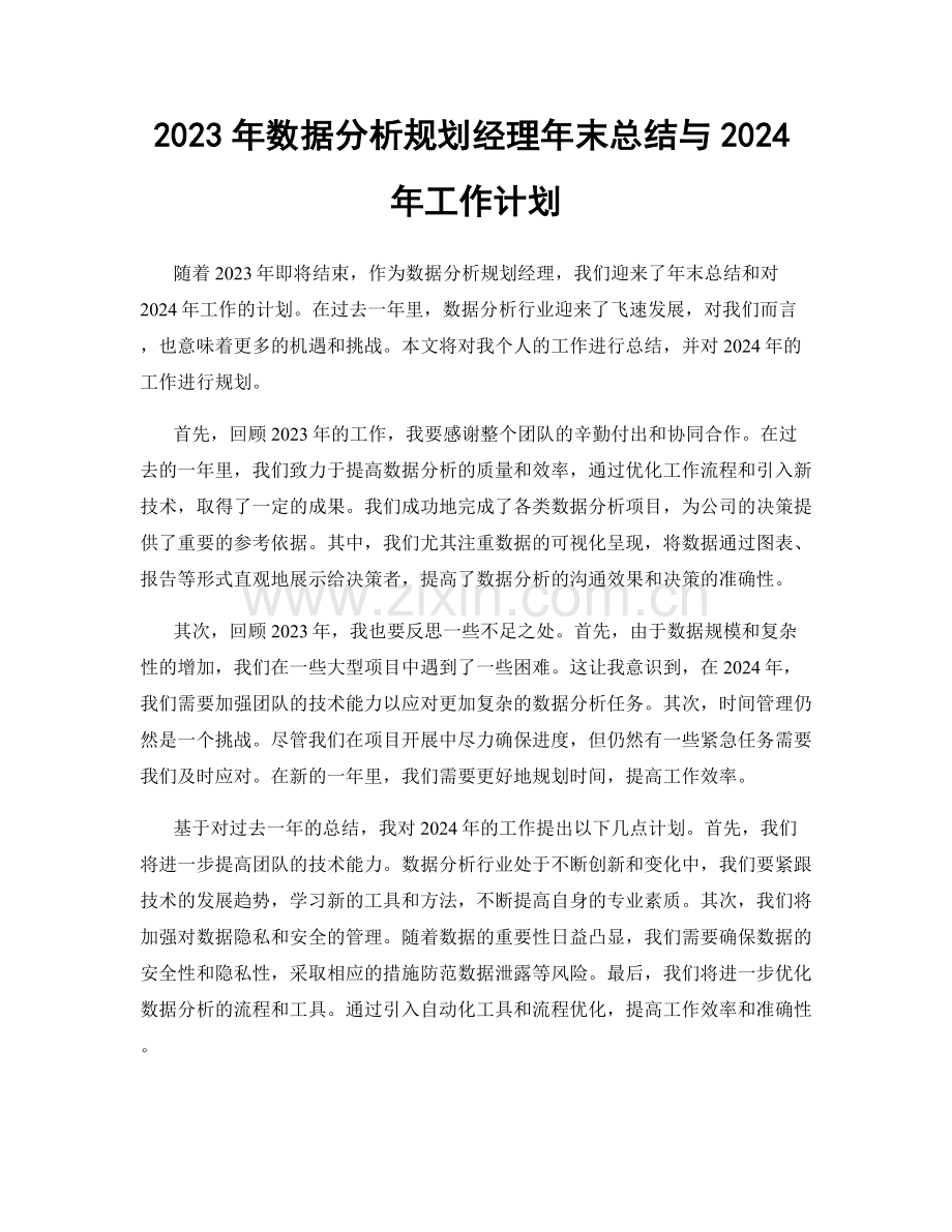 2023年数据分析规划经理年末总结与2024年工作计划.docx_第1页