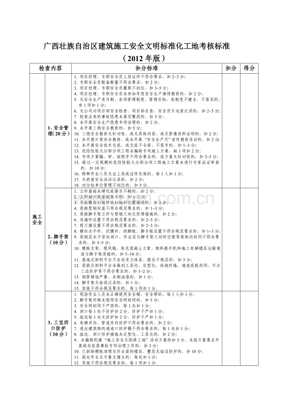 广西壮族自治区建筑施工安全文明标准化工地考核标准2012..doc_第1页