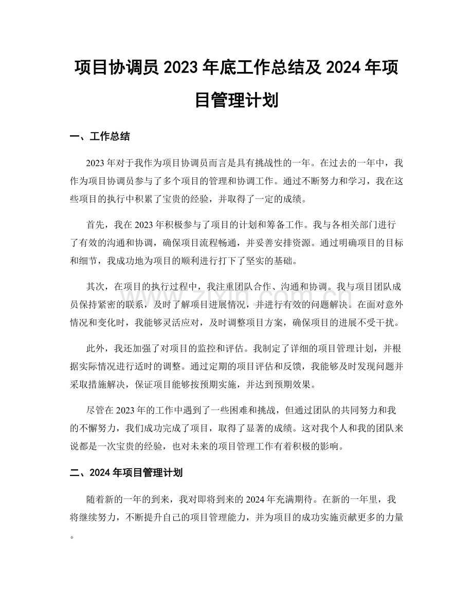 项目协调员2023年底工作总结及2024年项目管理计划.docx_第1页