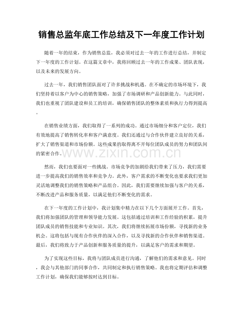 销售总监年底工作总结及下一年度工作计划.docx_第1页