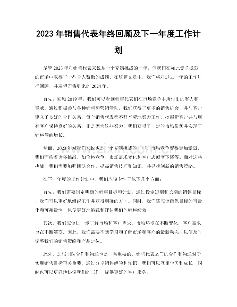 2023年销售代表年终回顾及下一年度工作计划.docx_第1页