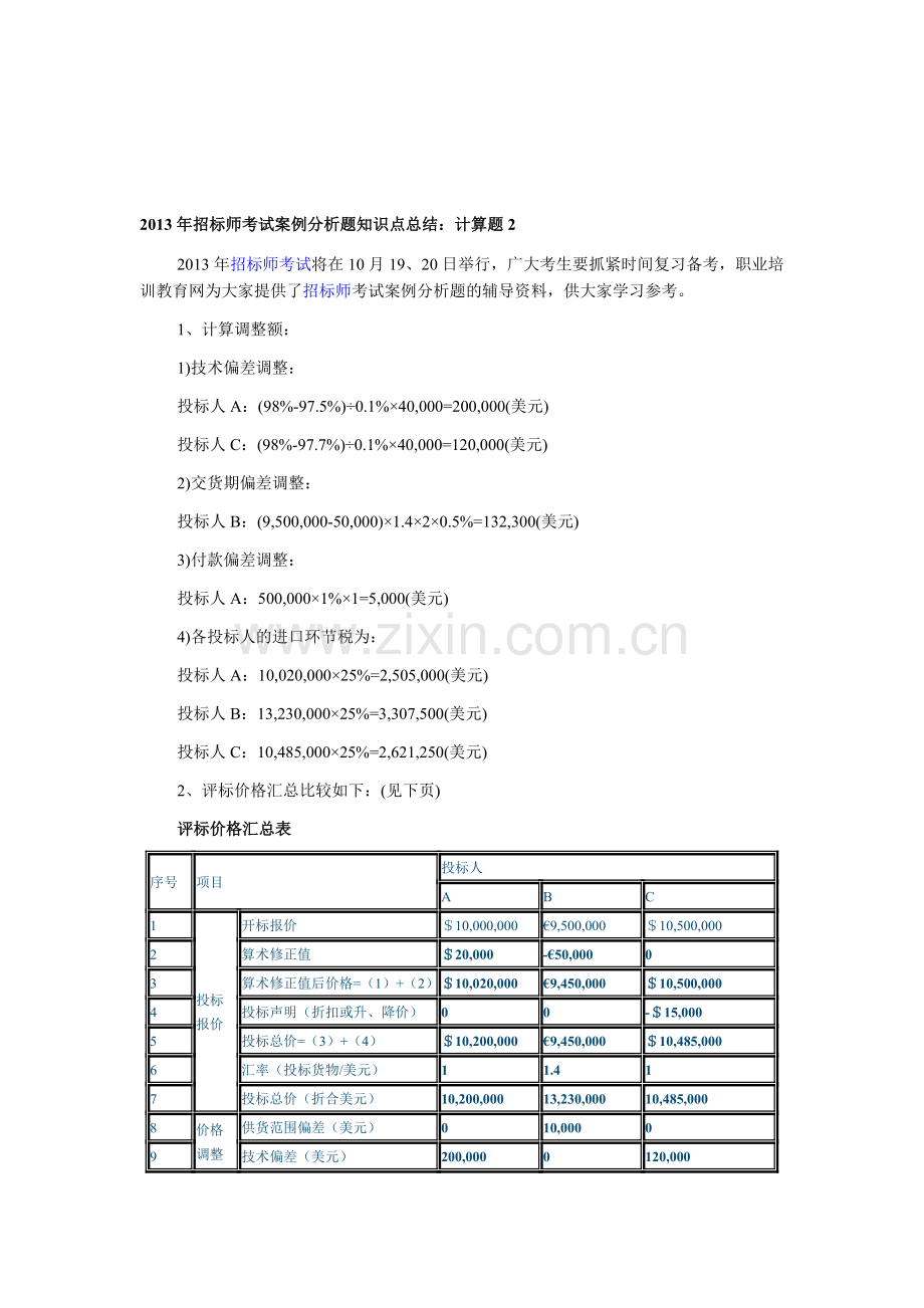 2013年招标师考试案例分析题知识点总结：计算题2.doc_第1页