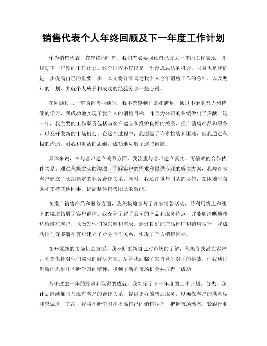 销售代表个人年终回顾及下一年度工作计划.docx_第1页