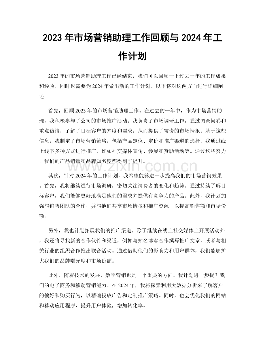 2023年市场营销助理工作回顾与2024年工作计划.docx_第1页