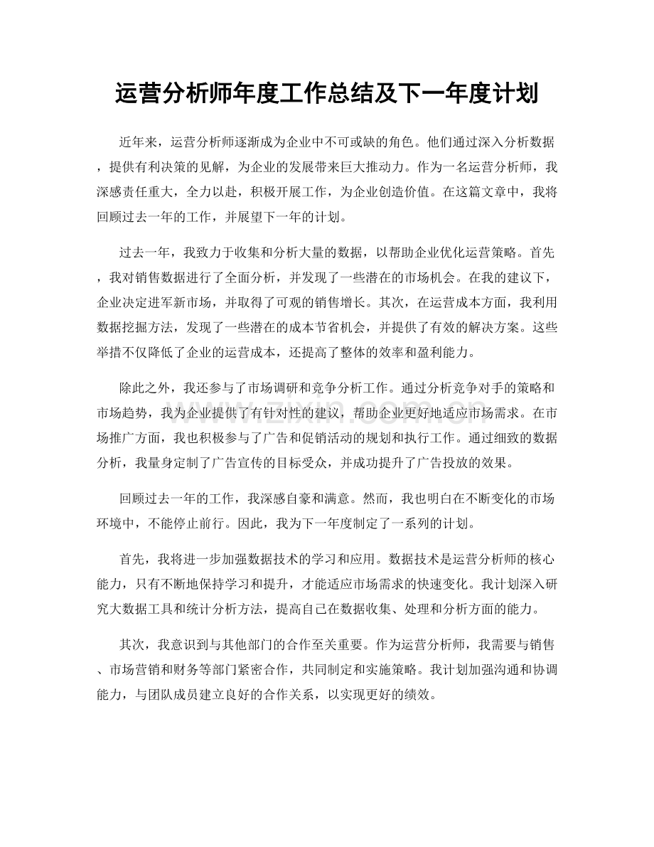 运营分析师年度工作总结及下一年度计划.docx_第1页