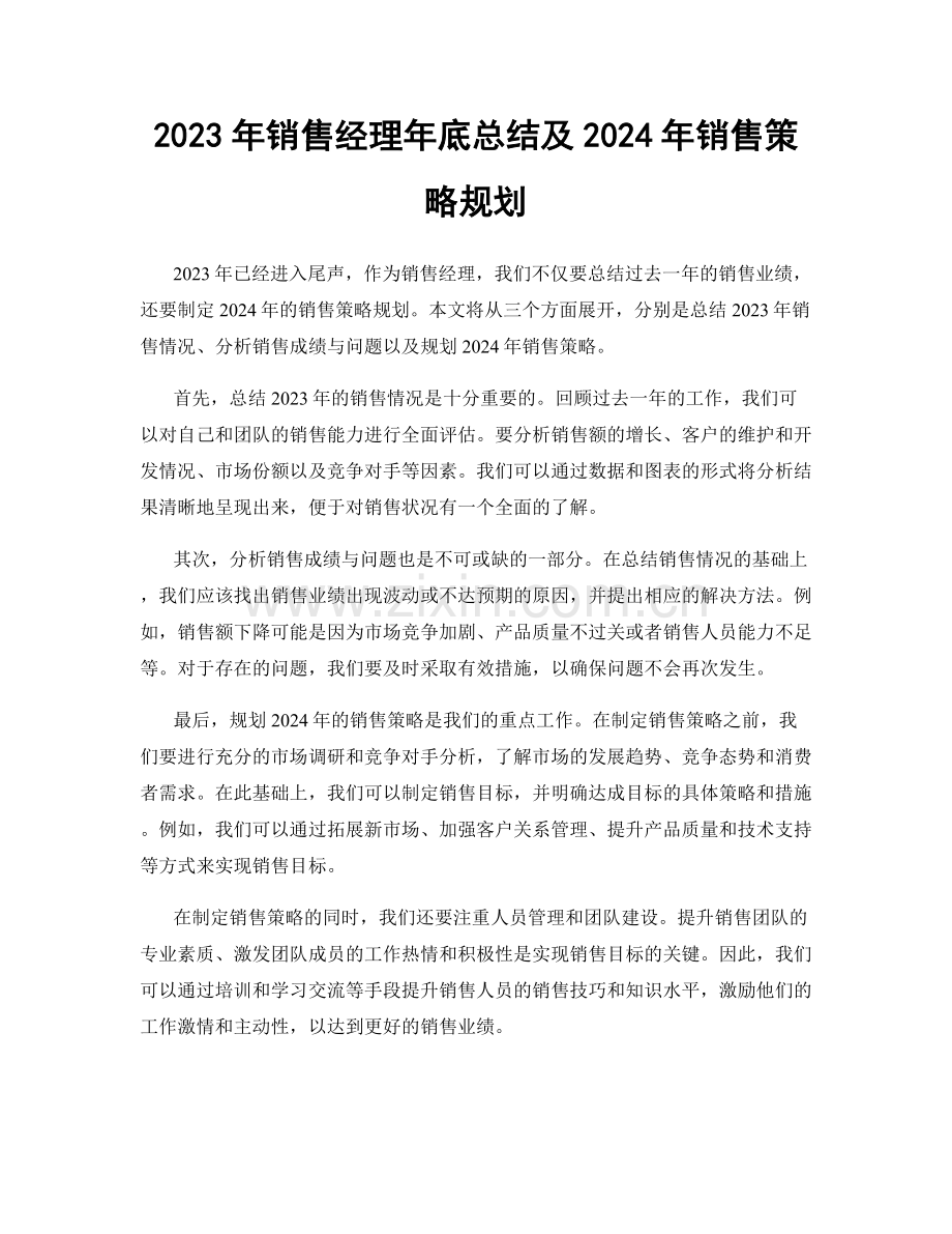 2023年销售经理年底总结及2024年销售策略规划.docx_第1页