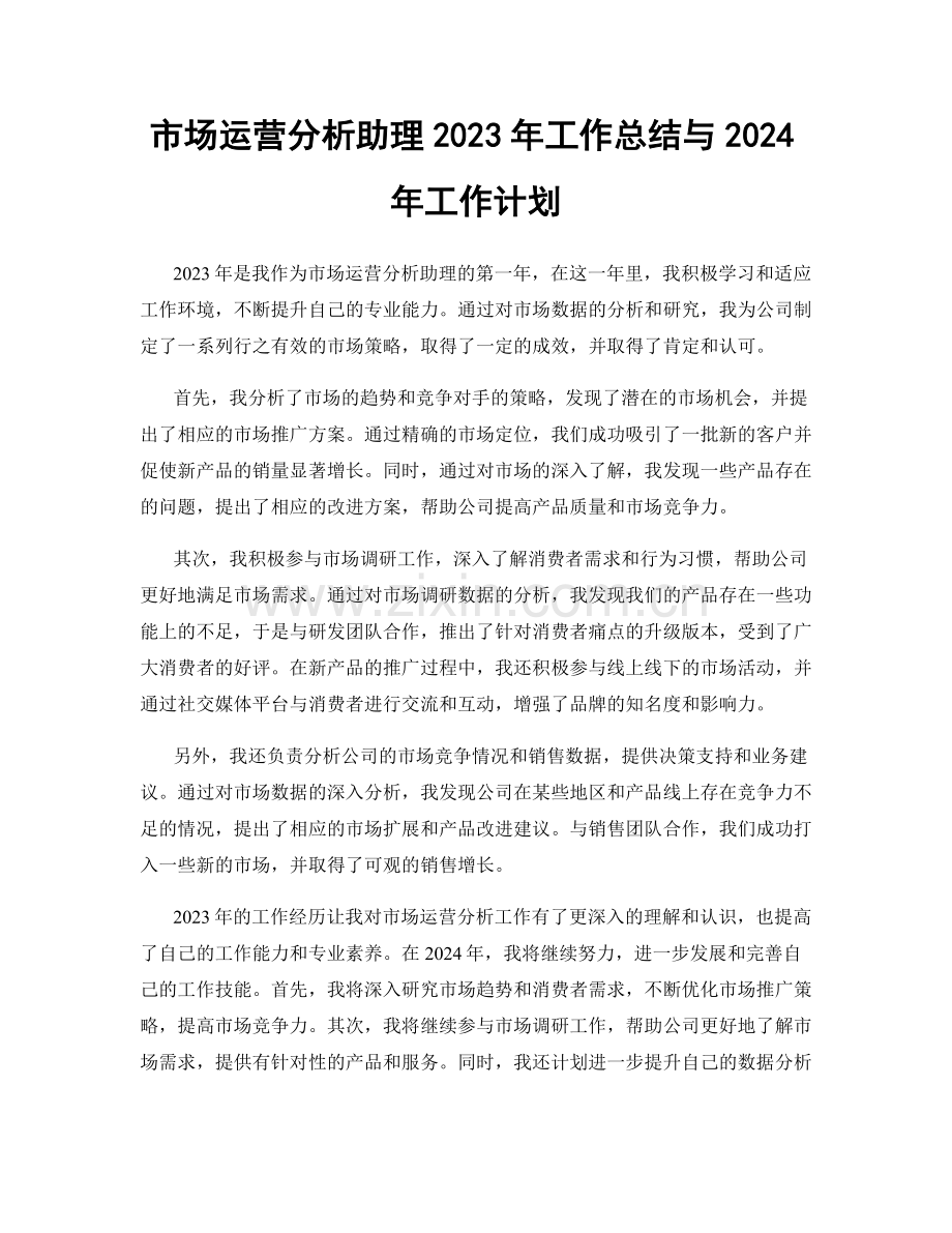 市场运营分析助理2023年工作总结与2024年工作计划.docx_第1页