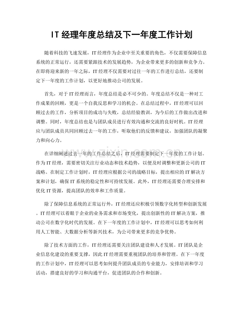 IT经理年度总结及下一年度工作计划.docx_第1页