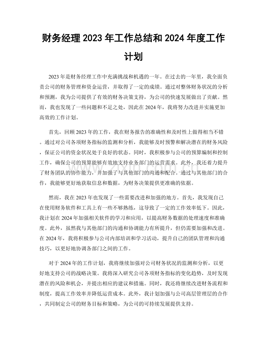 财务经理2023年工作总结和2024年度工作计划.docx_第1页