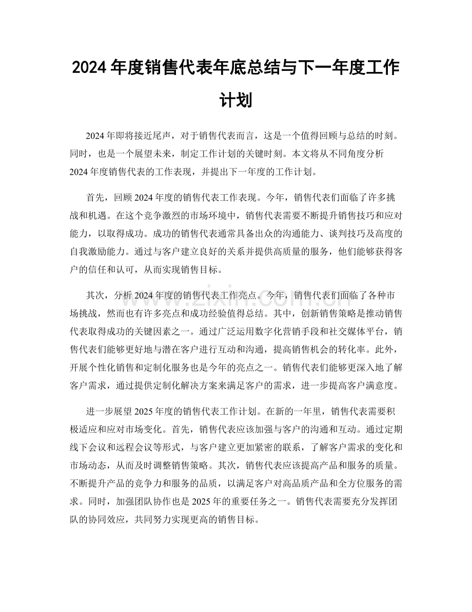 2024年度销售代表年底总结与下一年度工作计划.docx_第1页