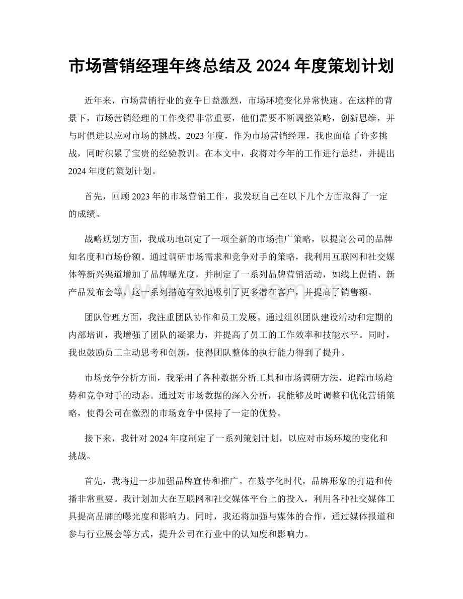 市场营销经理年终总结及2024年度策划计划.docx_第1页