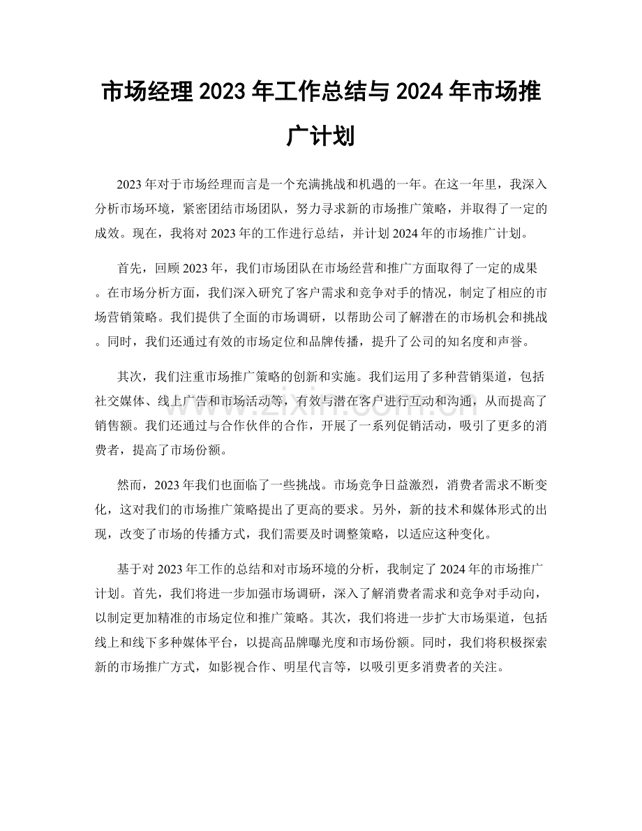 市场经理2023年工作总结与2024年市场推广计划.docx_第1页