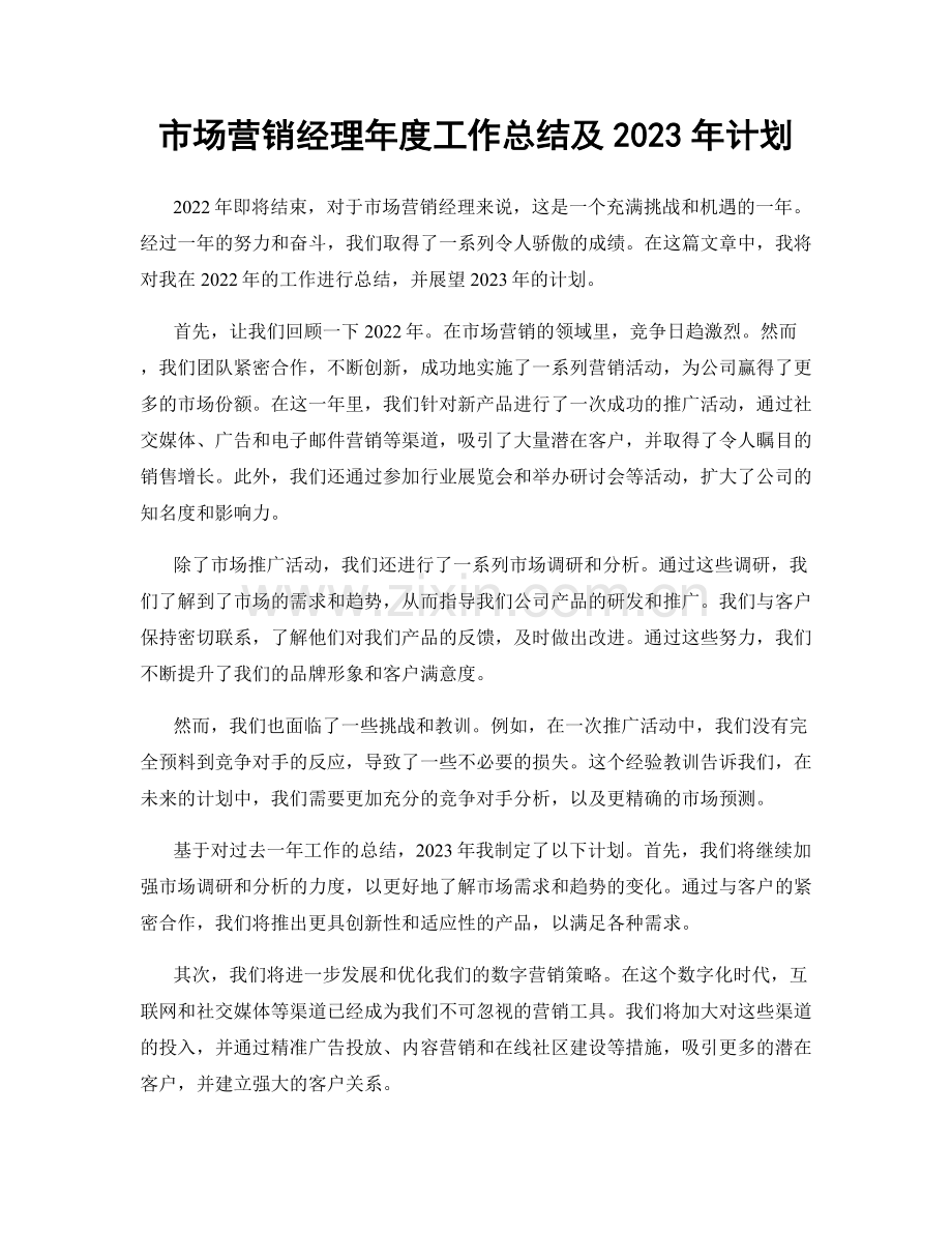 市场营销经理年度工作总结及2023年计划.docx_第1页