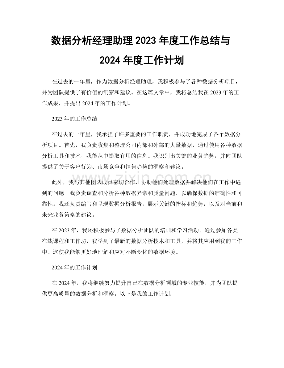 数据分析经理助理2023年度工作总结与2024年度工作计划.docx_第1页