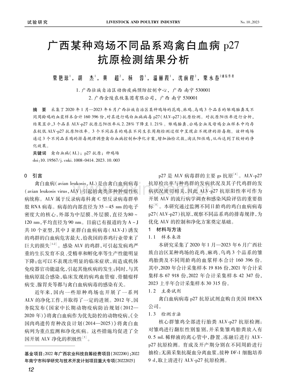 广西某种鸡场不同品系鸡禽白血病p27抗原检测结果分析.pdf_第1页