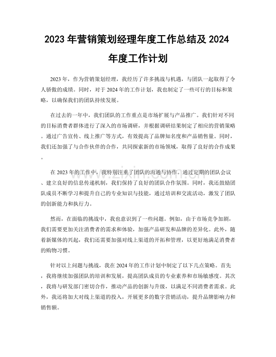 2023年营销策划经理年度工作总结及2024年度工作计划.docx_第1页