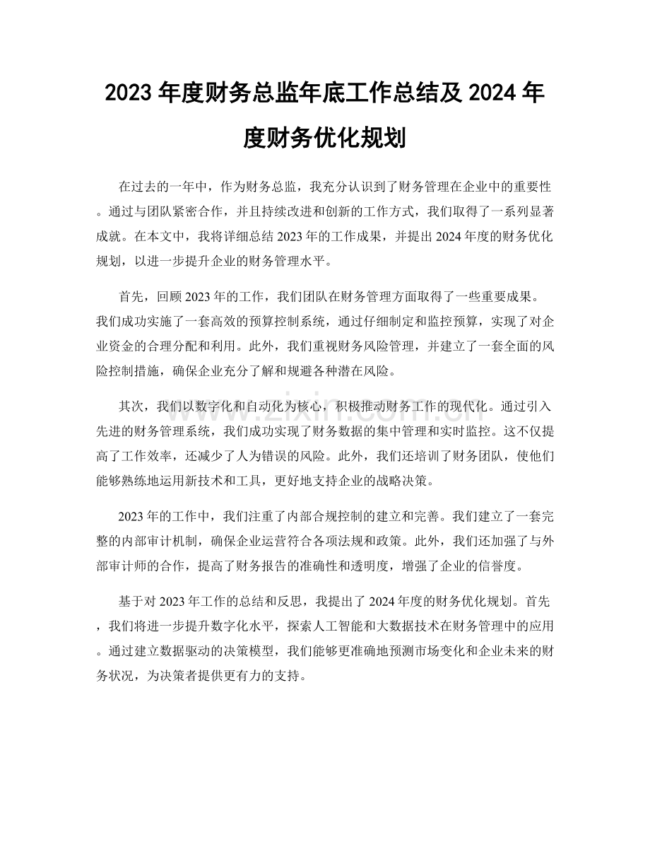 2023年度财务总监年底工作总结及2024年度财务优化规划.docx_第1页