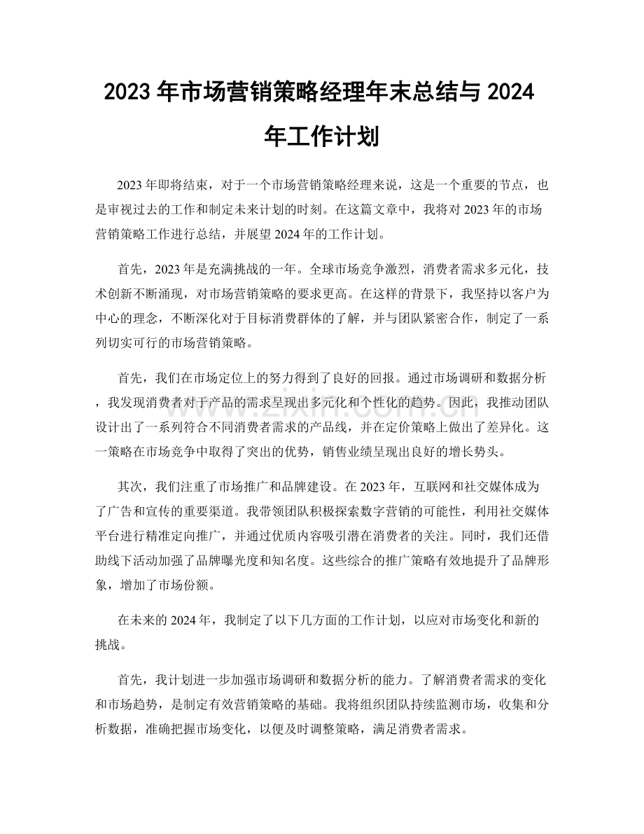 2023年市场营销策略经理年末总结与2024年工作计划.docx_第1页