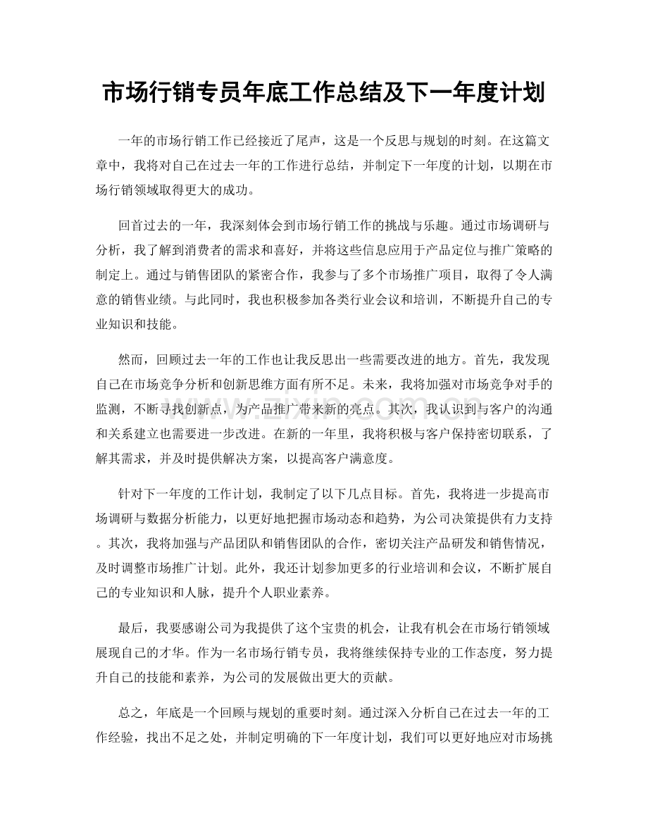 市场行销专员年底工作总结及下一年度计划.docx_第1页