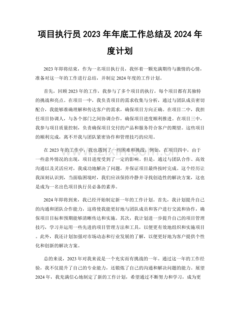 项目执行员2023年年底工作总结及2024年度计划.docx_第1页