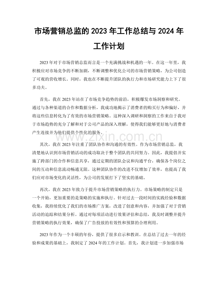 市场营销总监的2023年工作总结与2024年工作计划.docx_第1页