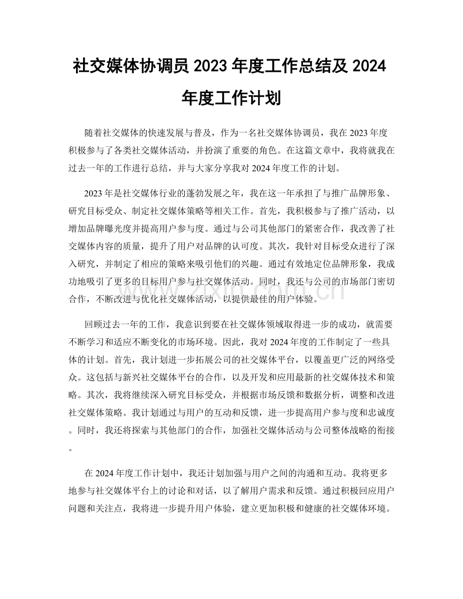 社交媒体协调员2023年度工作总结及2024年度工作计划.docx_第1页