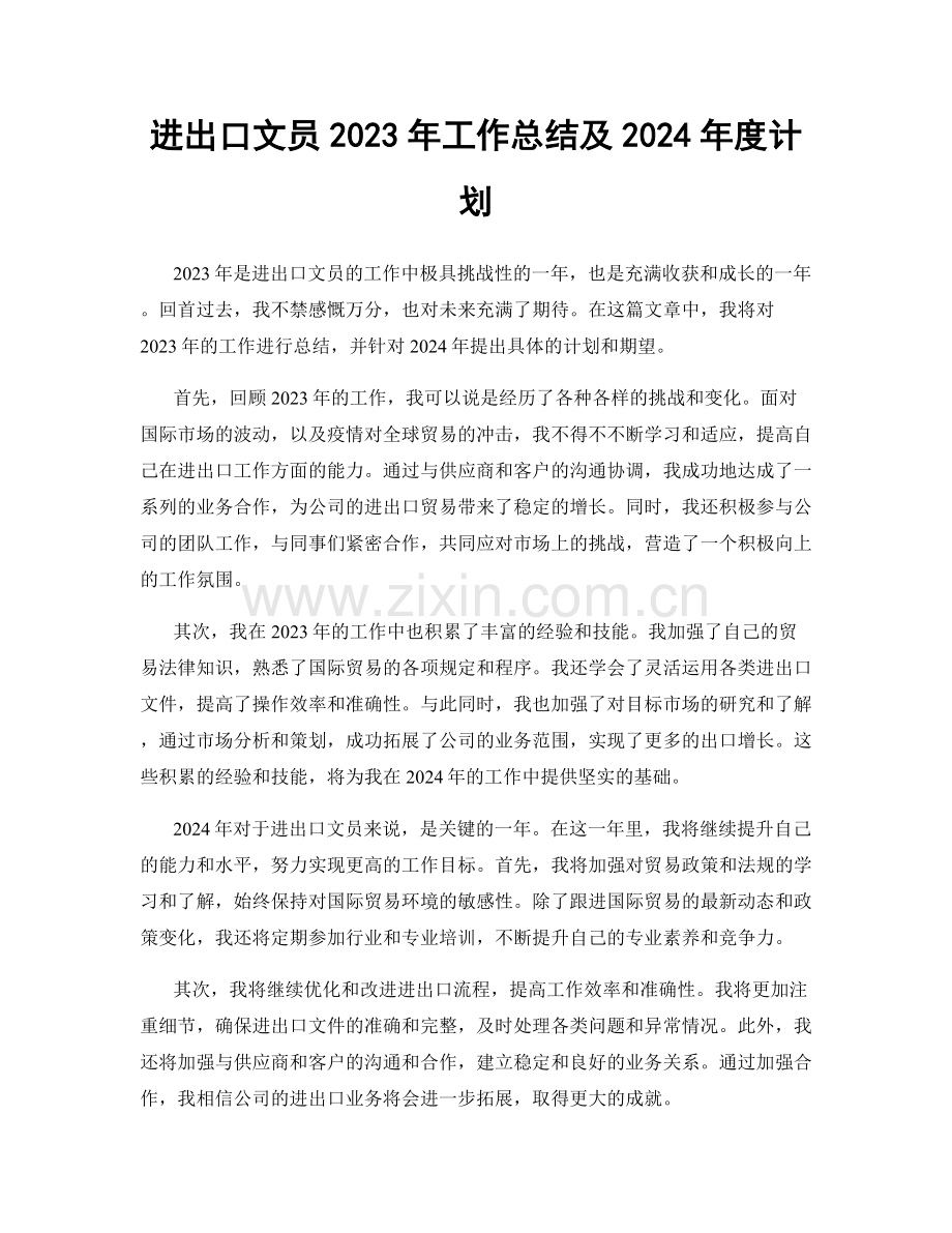 进出口文员2023年工作总结及2024年度计划.docx_第1页