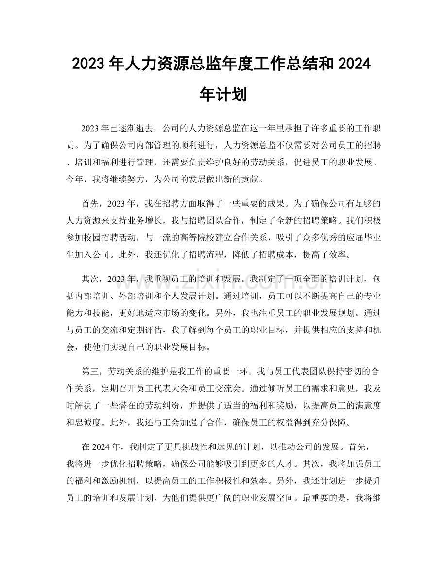 2023年人力资源总监年度工作总结和2024年计划.docx_第1页