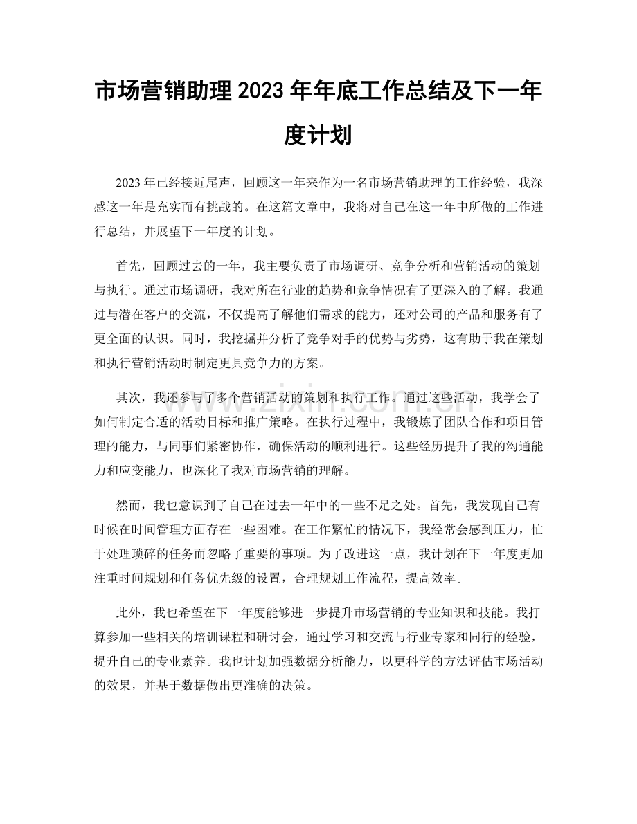 市场营销助理2023年年底工作总结及下一年度计划.docx_第1页