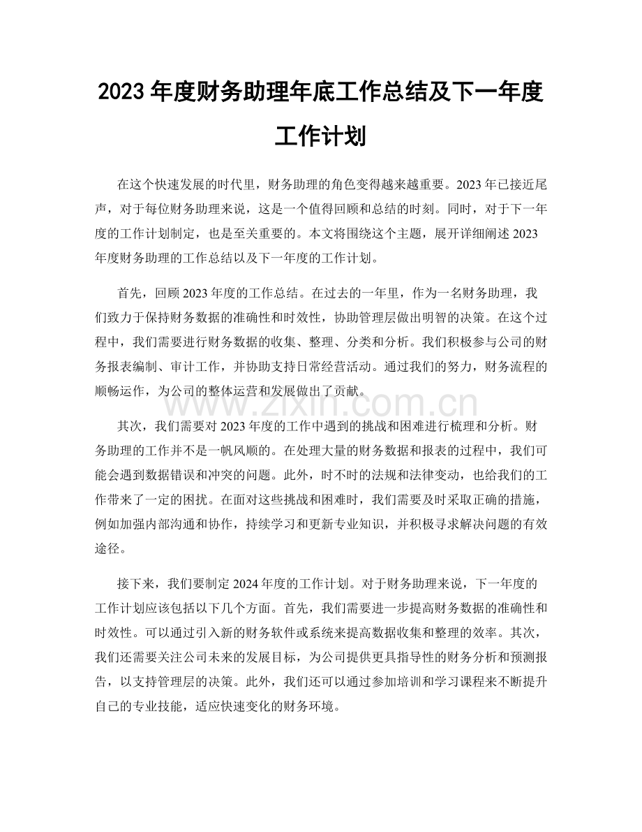 2023年度财务助理年底工作总结及下一年度工作计划.docx_第1页