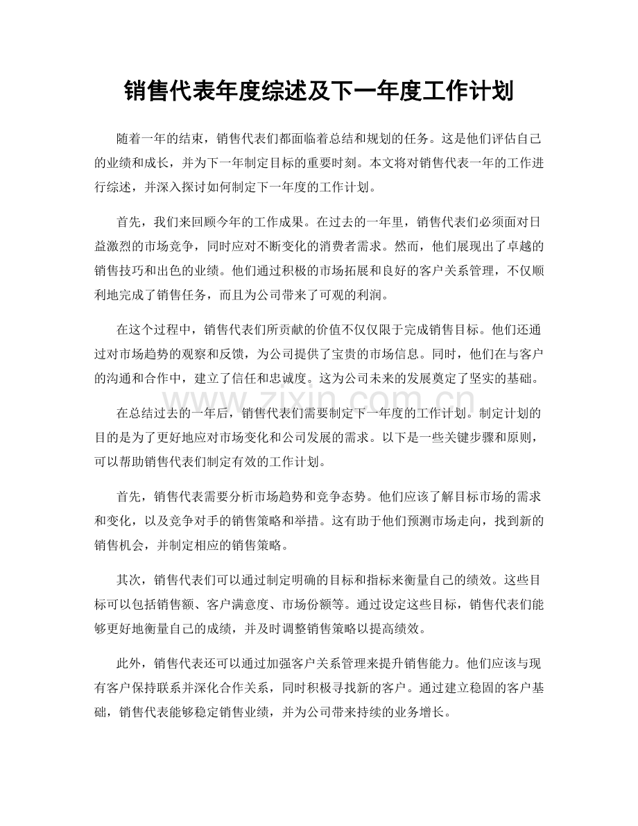 销售代表年度综述及下一年度工作计划.docx_第1页