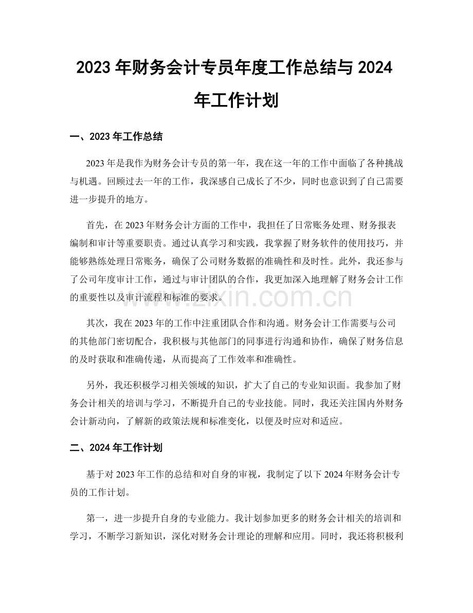 2023年财务会计专员年度工作总结与2024年工作计划.docx_第1页