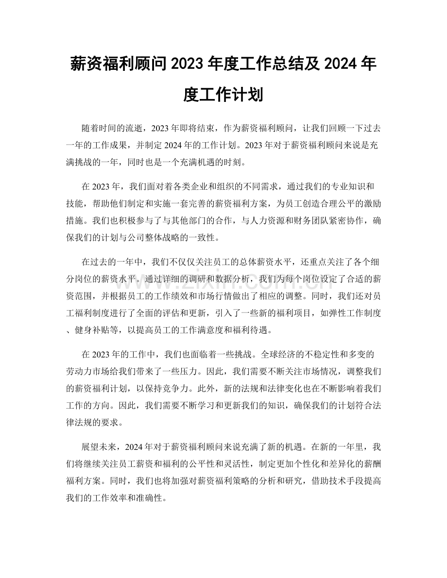 薪资福利顾问2023年度工作总结及2024年度工作计划.docx_第1页