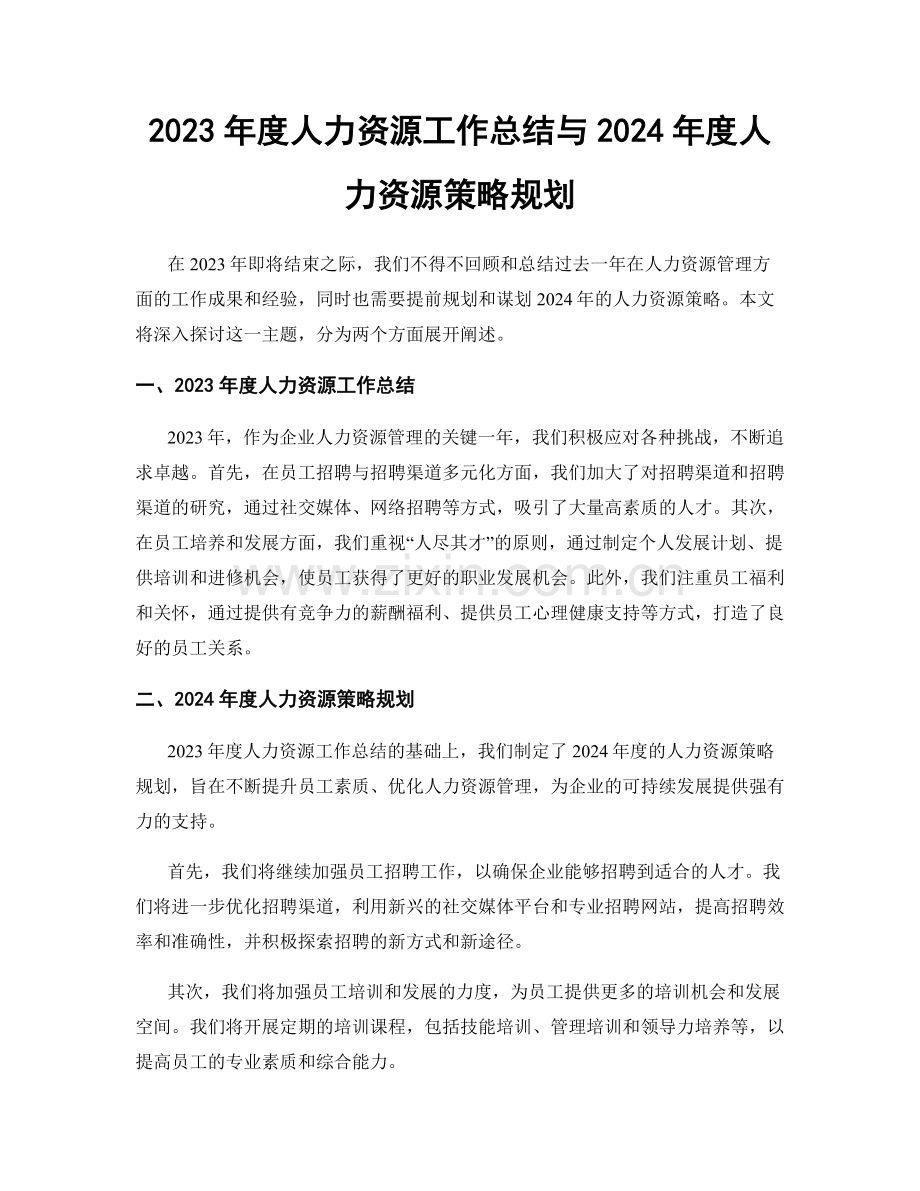 2023年度人力资源工作总结与2024年度人力资源策略规划.docx_第1页