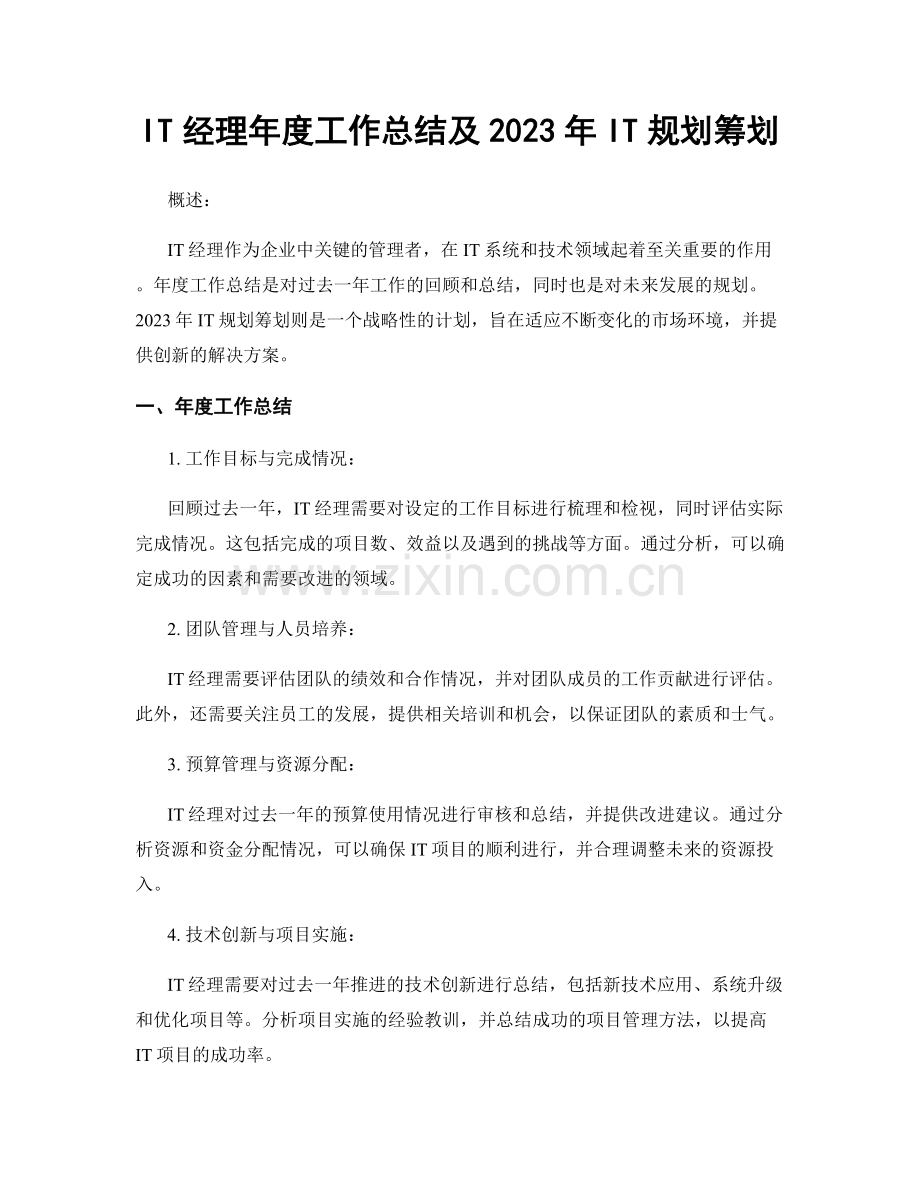 IT经理年度工作总结及2023年IT规划筹划.docx_第1页