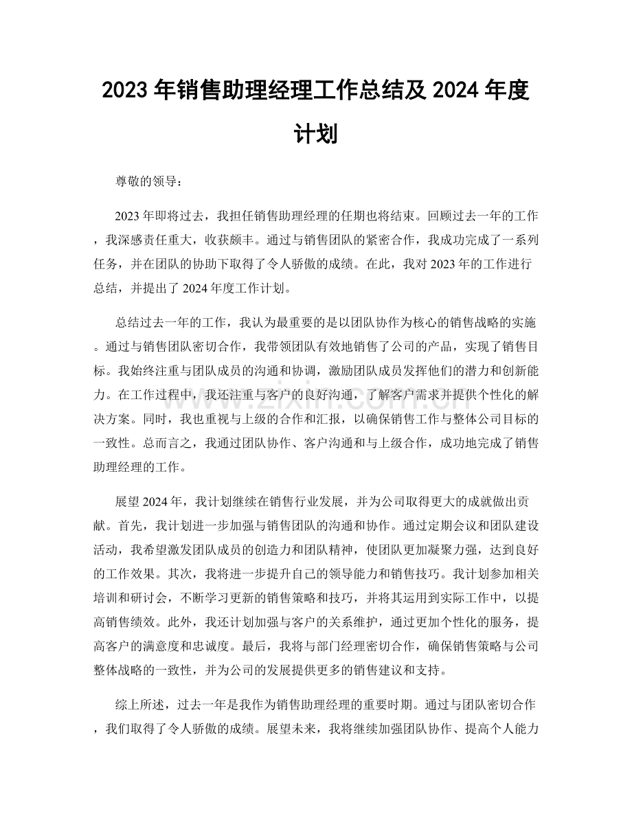 2023年销售助理经理工作总结及2024年度计划.docx_第1页