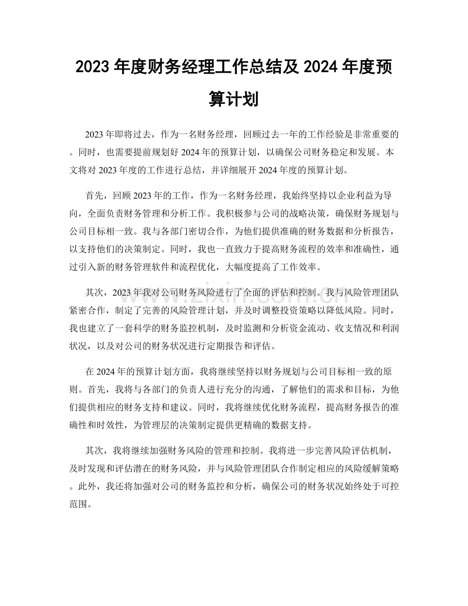 2023年度财务经理工作总结及2024年度预算计划.docx_第1页