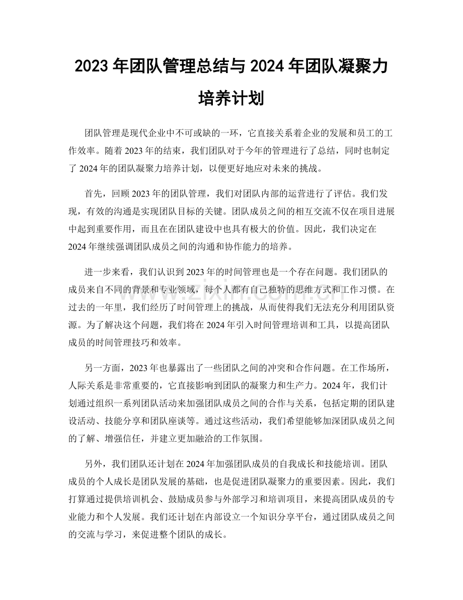 2023年团队管理总结与2024年团队凝聚力培养计划.docx_第1页