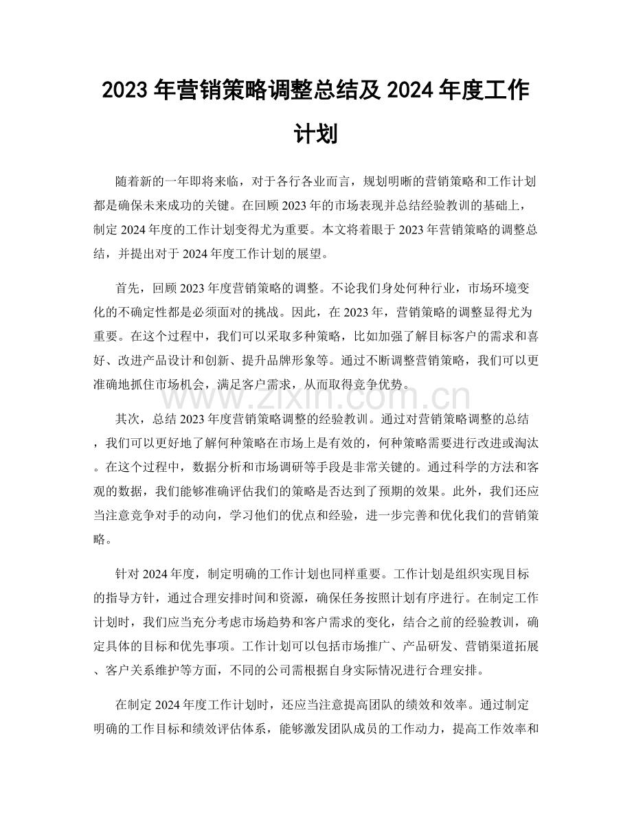 2023年营销策略调整总结及2024年度工作计划.docx_第1页