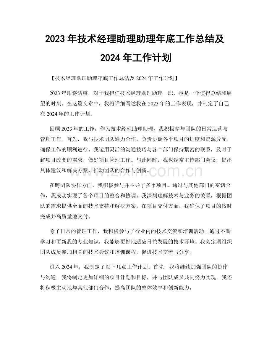 2023年技术经理助理助理年底工作总结及2024年工作计划.docx_第1页