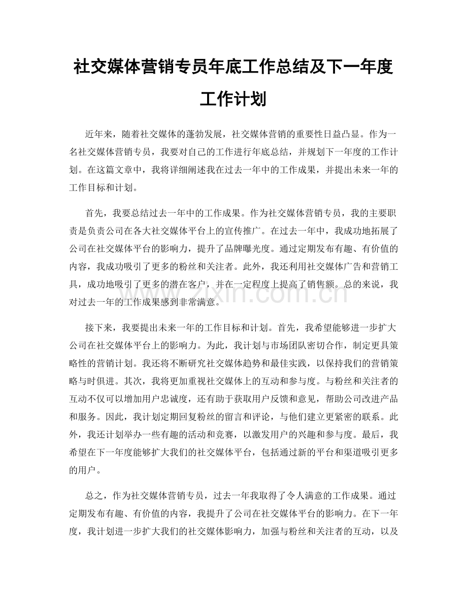 社交媒体营销专员年底工作总结及下一年度工作计划.docx_第1页