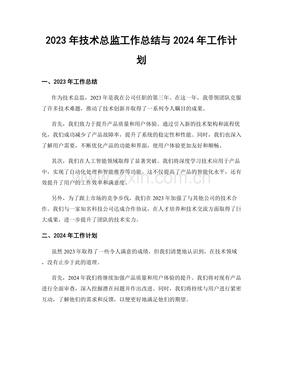 2023年技术总监工作总结与2024年工作计划.docx_第1页