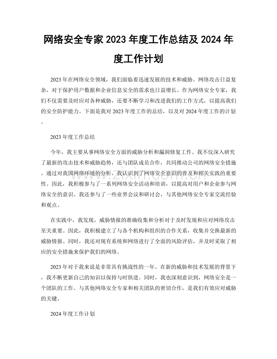 网络安全专家2023年度工作总结及2024年度工作计划.docx_第1页