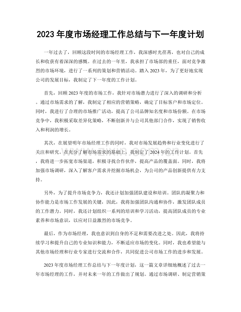 2023年度市场经理工作总结与下一年度计划.docx_第1页