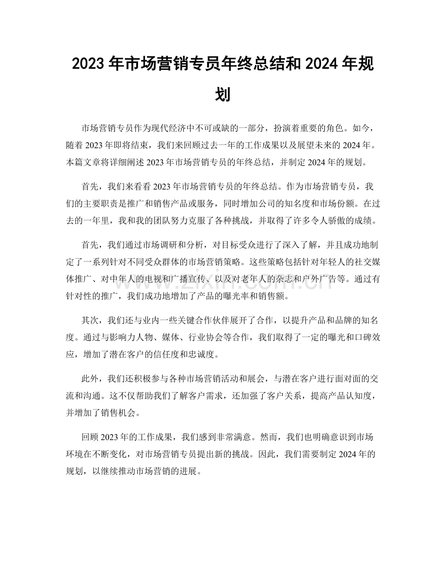 2023年市场营销专员年终总结和2024年规划.docx_第1页