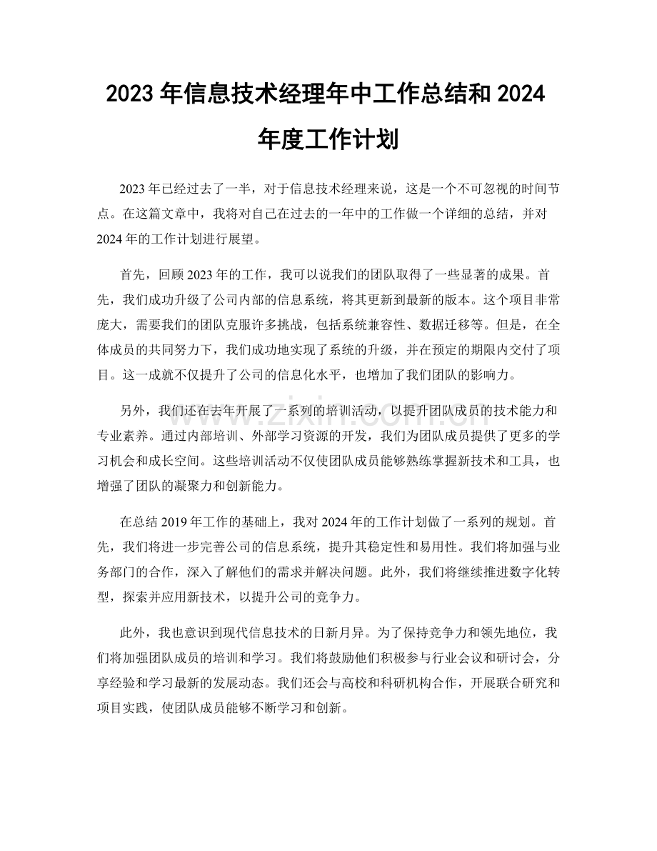 2023年信息技术经理年中工作总结和2024年度工作计划.docx_第1页