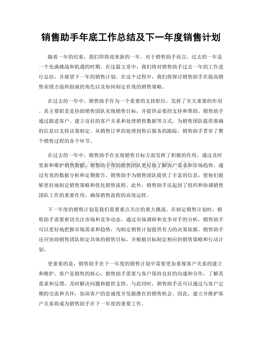 销售助手年底工作总结及下一年度销售计划.docx_第1页