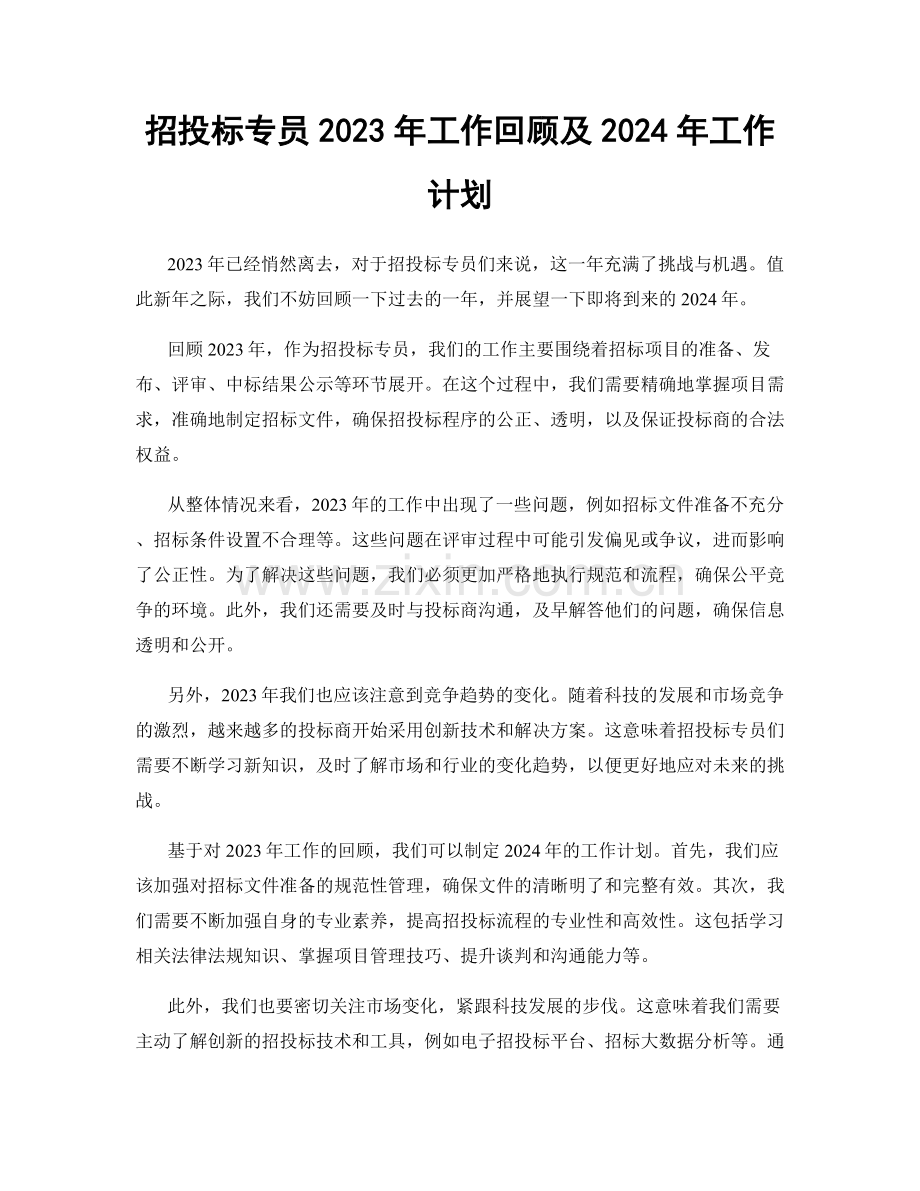 招投标专员2023年工作回顾及2024年工作计划.docx_第1页