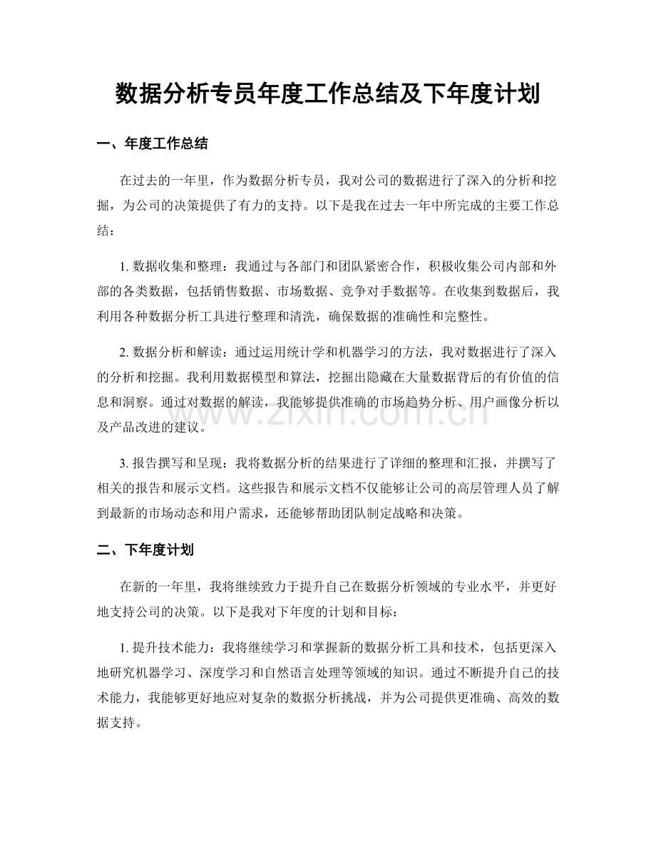 数据分析专员年度工作总结及下年度计划.docx_第1页